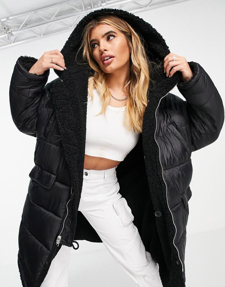 Sixth June Oversized Reversible Longline Puffer Coat With Sherpa Lining -sixth June Ww Jackets To Hold Off Till August-black