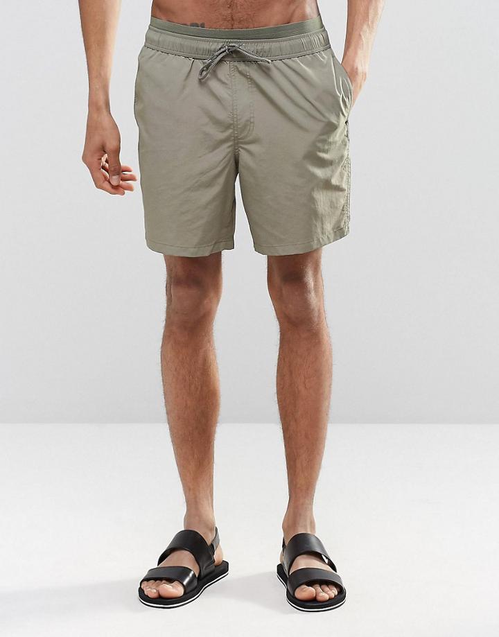 Asos Swim Shorts In Khaki With Double Waistband In Mid Length - Green