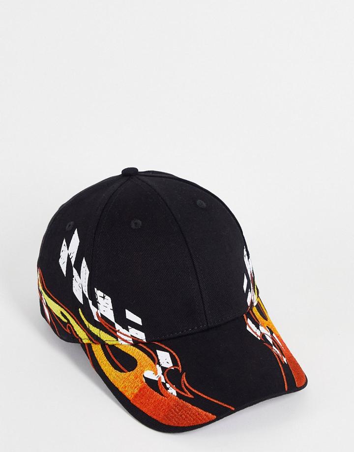 Asos Design Baseball Cap Black With Flame Design