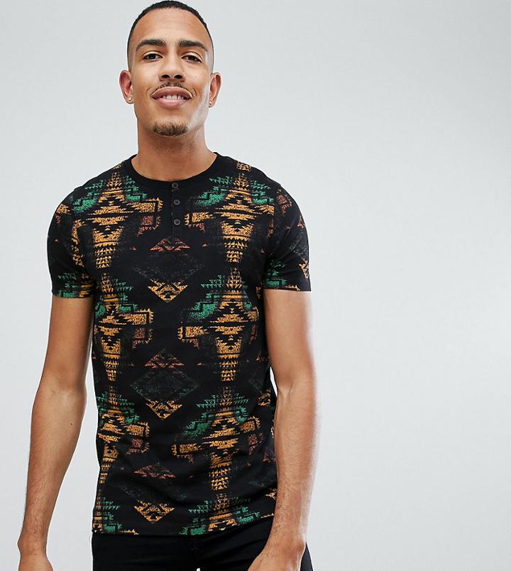 Asos Design Tall T-shirt With All Over Aztec Print And Grandad Neck - Black