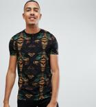 Asos Design Tall T-shirt With All Over Aztec Print And Grandad Neck - Black