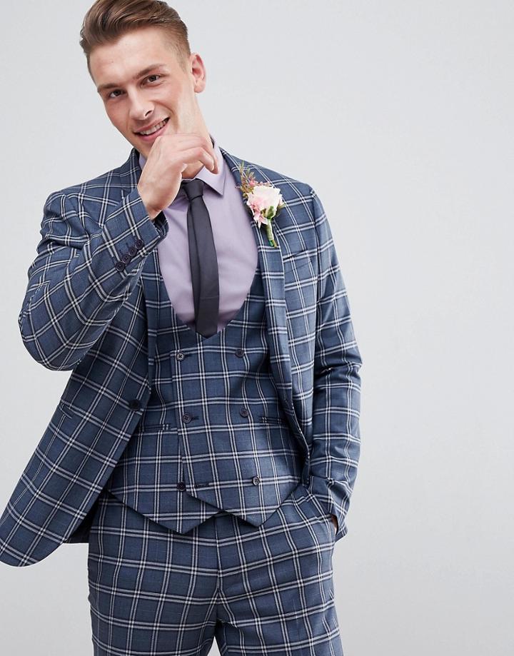 Asos Design Wedding Skinny Suit Jacket In Blue And White Check - Blue