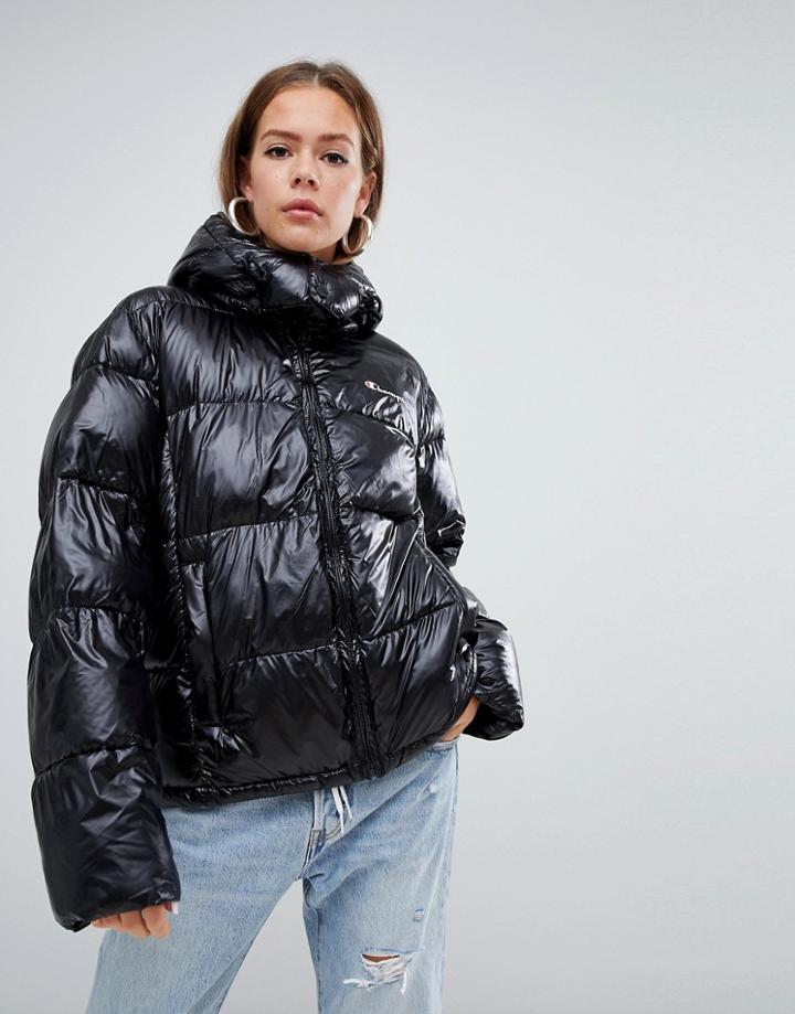 Champion Oversized Padded Jacket With Embroidered Chest Logo - Black