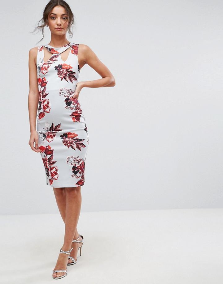 City Goddess Tall Strappy Pencil Dress In Floral Placement Print - Blue