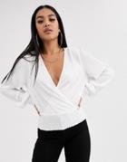 Asos Design Plisse Wrap Top With Shirred Cuff And Waist In Ivory-cream