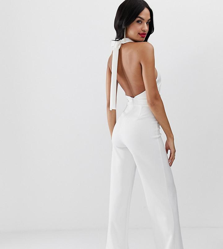 True Violet Exclusive Wide Leg Halter Neck Jumpsuit In Ivory