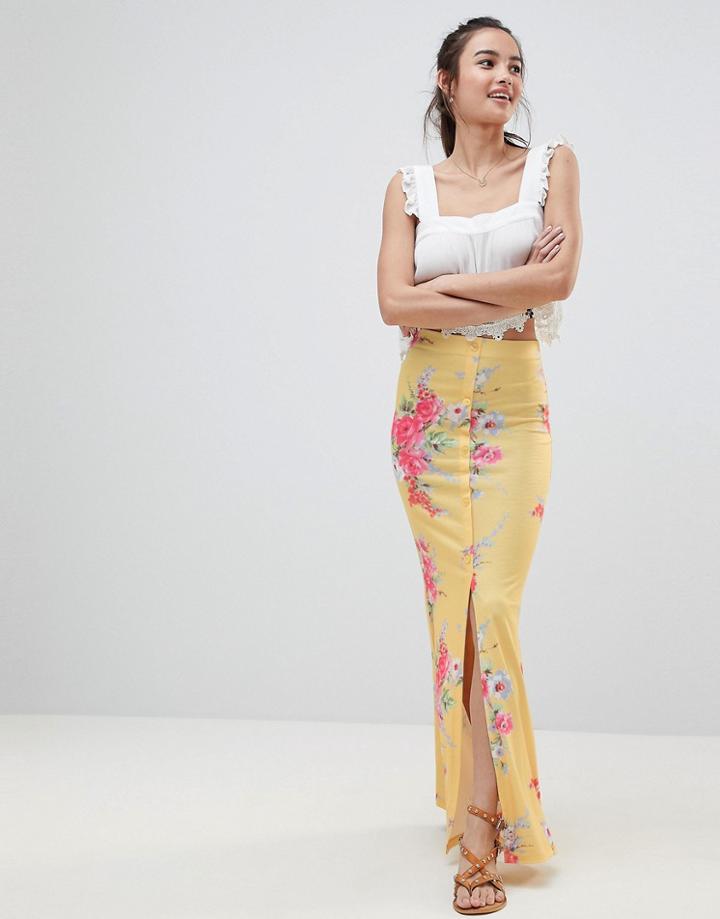 Asos Maxi Skirt With Button Front In Tea Floral Print - Multi