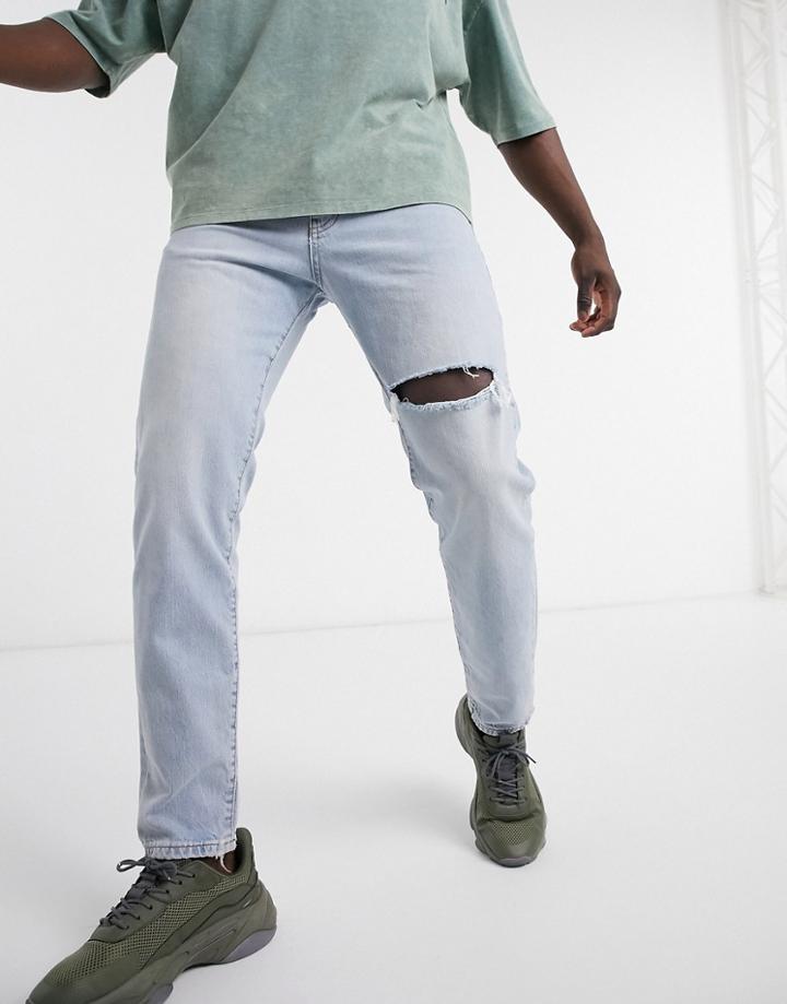 Pull & Bear Straight Jeans In Light Wash With Knee Rip In Blue-blues