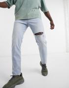 Pull & Bear Straight Jeans In Light Wash With Knee Rip In Blue-blues