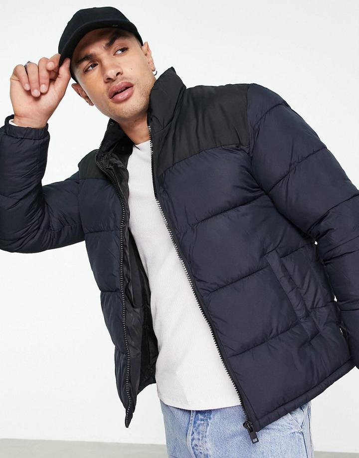 Jack & Jones Originals Stand Collar Puffer In Navy Color Block
