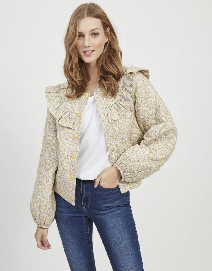 Vila Quilted Jacket With Exaggerated Collar In Yellow Floral-multi