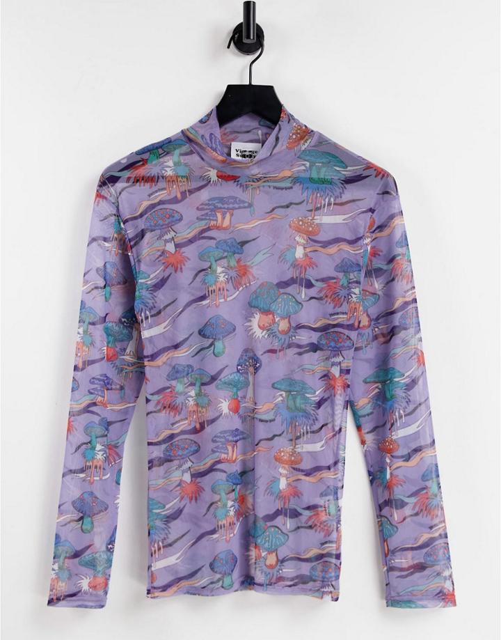 Vintage Supply Mushroom Mesh Long Sleeve Top In Purple