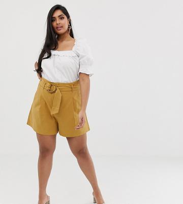 Prettylittlething Plus Woven Shorts With Belt Detail In Camel - Beige