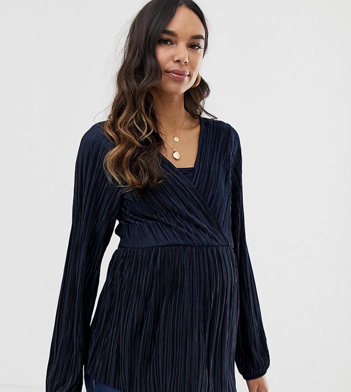 Asos Design Maternity Nursing Plisse Top With Peplum - Navy