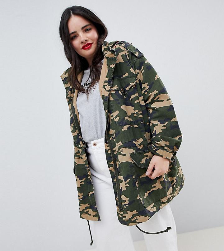 Asos Design Curve Camo Embellished Parka - Green
