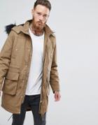 Asos Heavyweight Parka With Fleece Lining And Faux Fur Trim In Tobacco - Brown