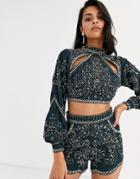 Asos Design Velvet Studded Top Two-piece With Cut Outs-blue