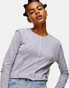 Topshop Contrast Stitch Long Sleeve Top In Gray-grey