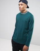 Asos Long Sleeve Longline T-shirt In Green With Monochrome Tipped Neck - Green