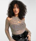 Asos Design Curve Mesh Cross Over Wrap Front Long Sleeve Top In Warped Monogram Print - Part Of A Set-multi