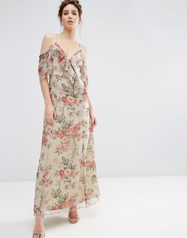 Asos Ruffle Cold Shoulder Maxi Dress In Vintage Floral Print - Multi