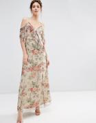 Asos Ruffle Cold Shoulder Maxi Dress In Vintage Floral Print - Multi