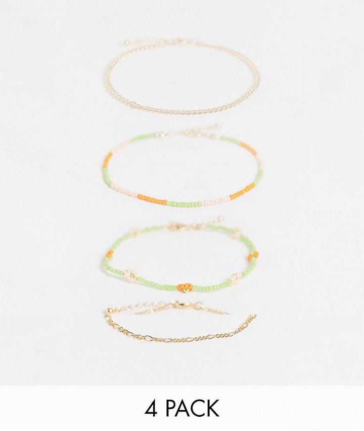 Asos Design Pack Of 4 Anklets With Daisy Beads And Mixed Chains In Gold Tone