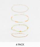 Asos Design Pack Of 4 Anklets With Daisy Beads And Mixed Chains In Gold Tone