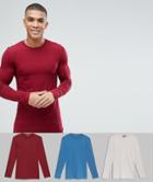 Asos Design 3 Pack Muscle Fit Longline Long Sleeve Crew Neck T-shirt Multipack Saving - Multi