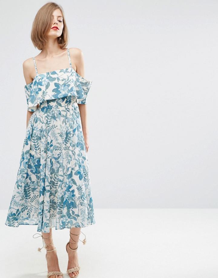 Asos Cold Shoulder Midi Dress In Porcelain Print - Multi