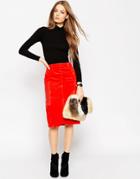 Asos Suede Pencil Skirt With Leather Pockets - Orange