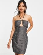 Asos Design Halter Neck Ruched Mini Dress With Ruffle Trim-grey