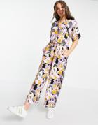 Monki Kalolo Jumpsuit With Tie Waist In Purple Print-multi