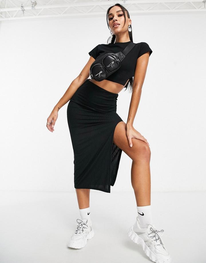 I Saw It First Midi Skirt With High Thigh Slit In Black