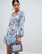 Liquorish Poppy Print Long Sleeve Wrap Dress - Blue