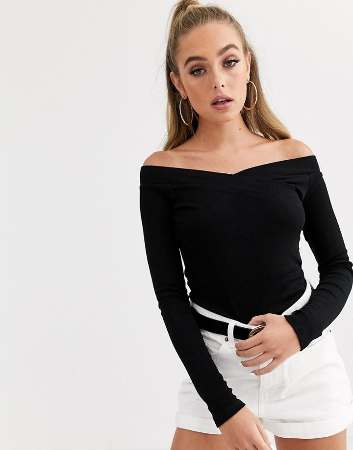 Asos Design Top With Wrap Off Shoulder Front In Black