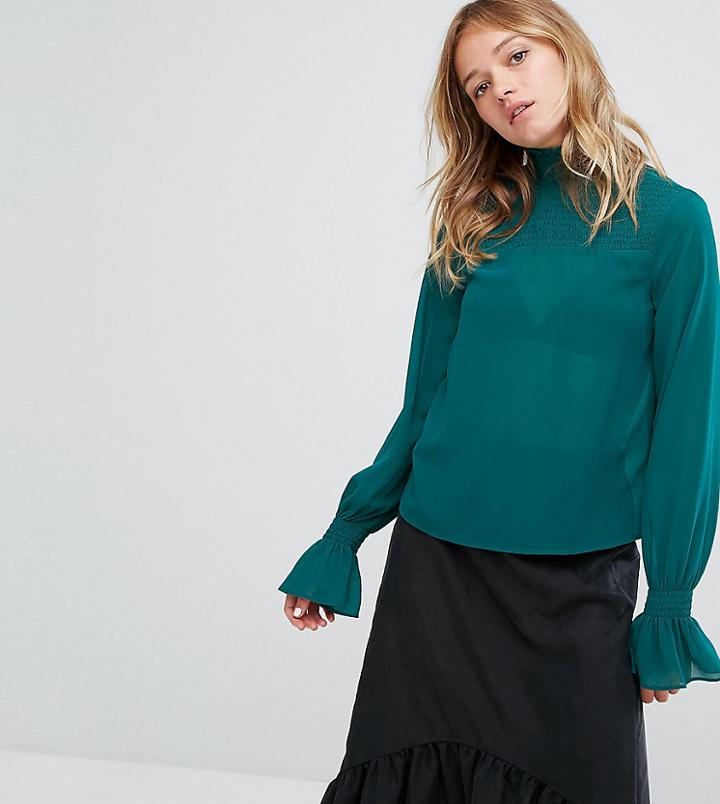Monki Ruffle Neck And Sleeve Blouse - Green