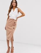 Asos Design Sleeveless Contrast Pencil Midi Dress With Side Buttons-multi