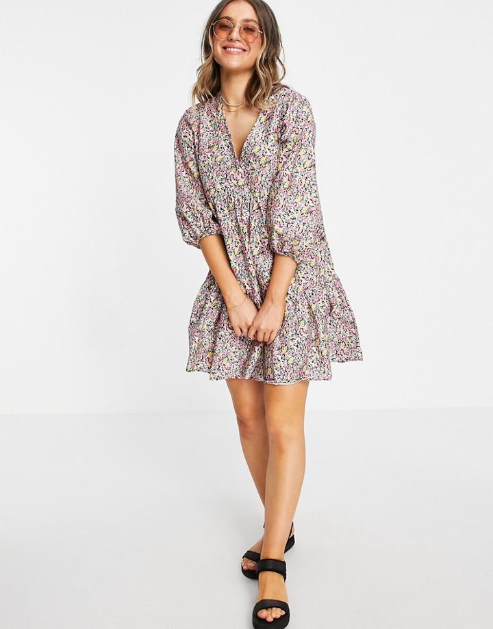 New Look Tie Neck Poplin Smock Mini Dress In Black Floral