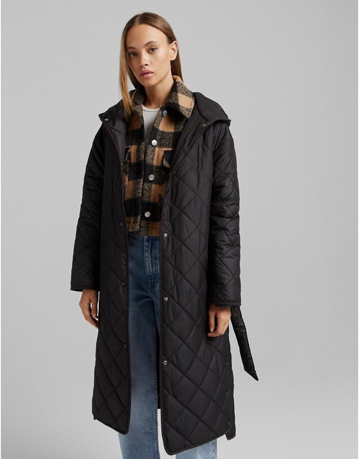 Bershka Quilted Long Line Belted Coat In Black