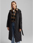 Bershka Quilted Long Line Belted Coat In Black