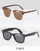 Asos Square And Retro Sunglasses 2 Pack In Black And Tort Save - Multi