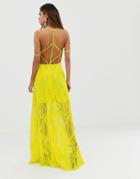 Asos Design Maxi Dress In Lace Cutwork With Strappy Back And Metal Ring Detail-green