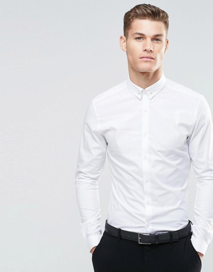 Asos Skinny Shirt In White With Tie Pin And Long Sleeves - White