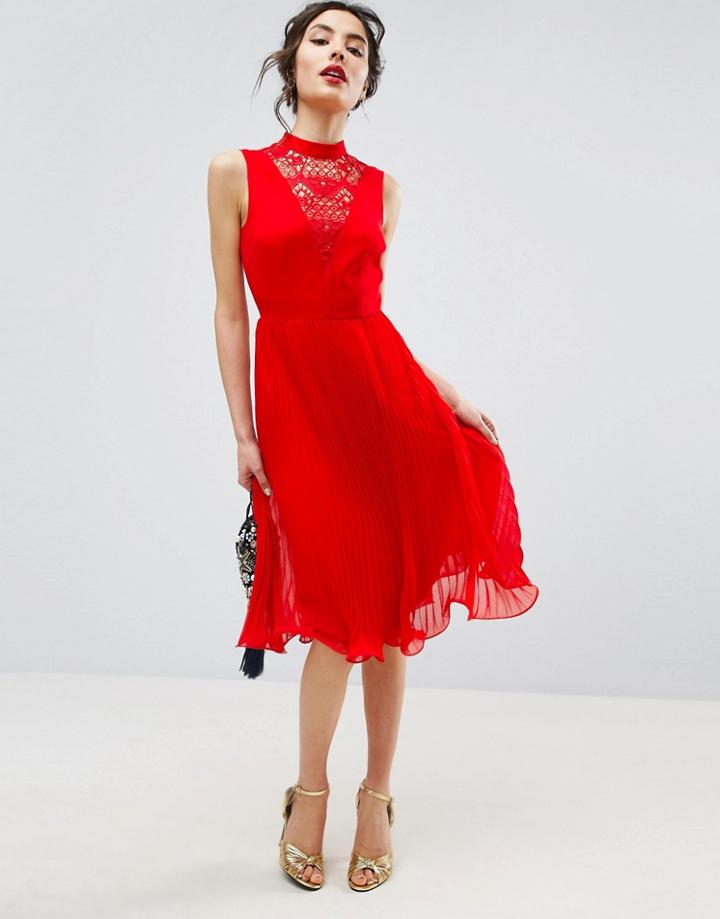 Asos Sleeveless Lace Insert Midi Dress - Red
