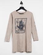 Noisy May Long Sleeve Oversized T-shirt With Zodiac Graphic In Washed Stone-neutral