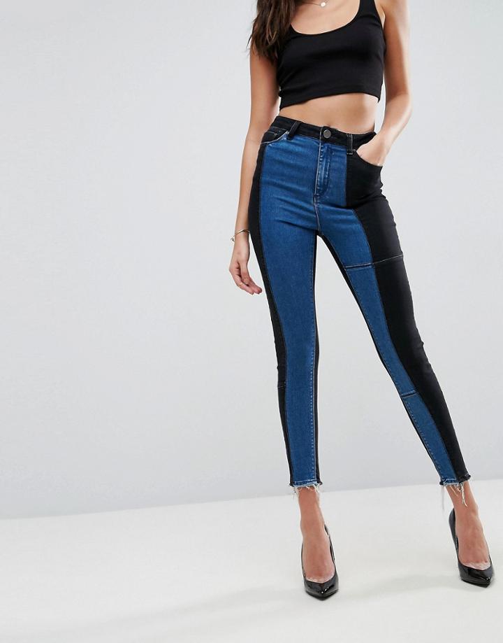 Asos Ridley High Waist Deconstructed Skinny Jeans In Vincente Charcoal And Genevie Blue - Multi