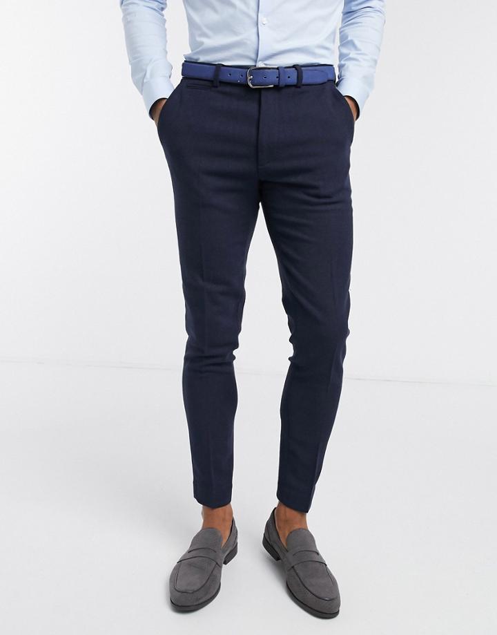 Asos Design Wedding Super Skinny Wool Mix Suit Pants In Navy Herringbone