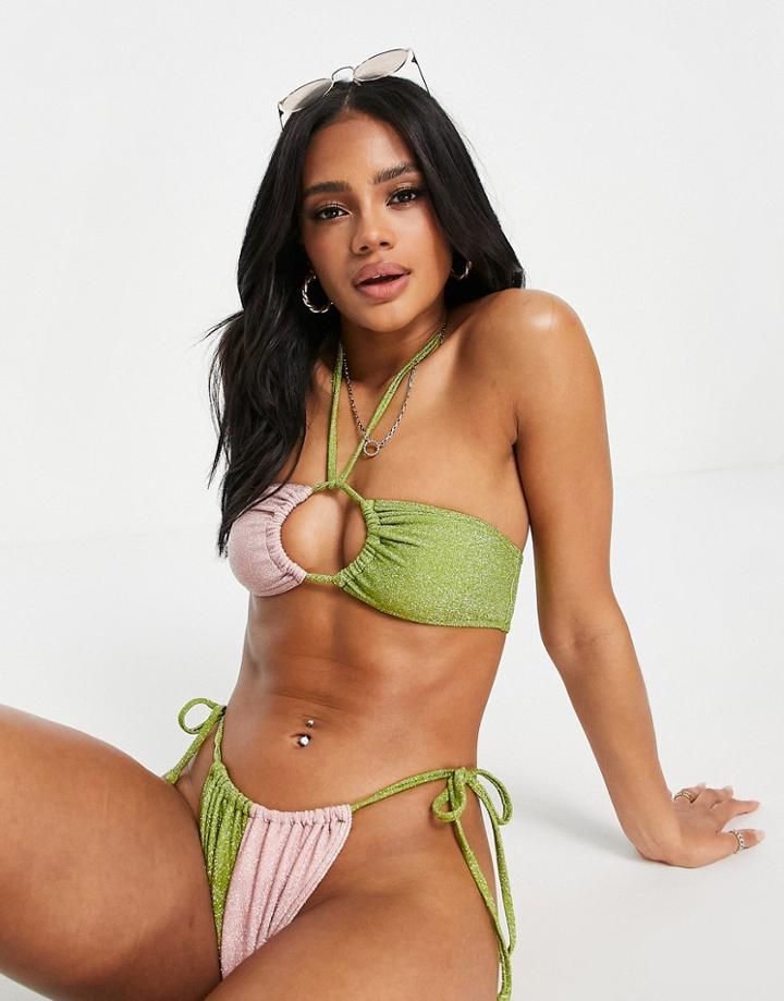 Asos Design Tie Side Bikini Bottom In Pink And Green Glitter-multi