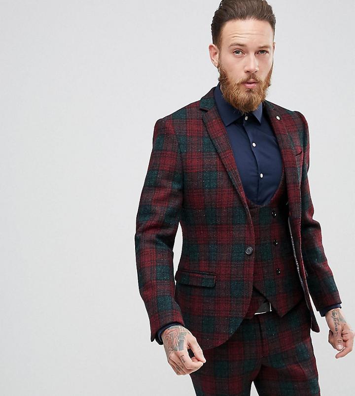 Noose & Monkey Harris Tweed Super Skinny Suit Jacket In Plaid - Red